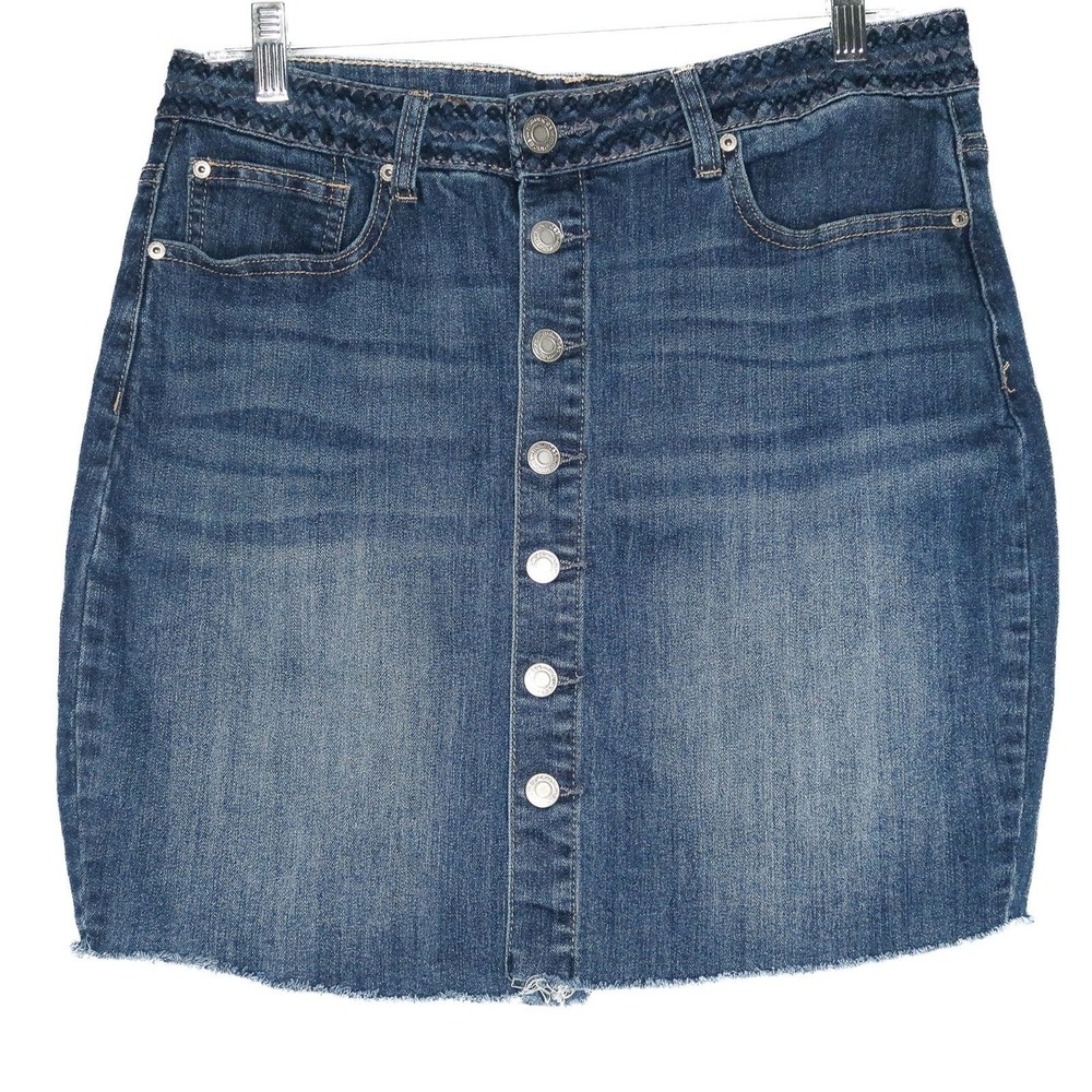 Maurices Womens Denim Skirt 9/10 Blue Dark Wash Distressed Hem‎ Academia Gilmore